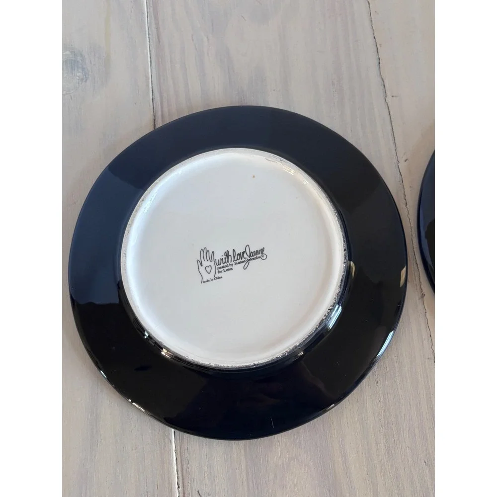 Joanne deLomba for Lotus Whimsical Coffee Cup Salad Plates Set of 2 Black 8 Inch